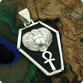 Egyptian Winged Scarab w/ Ankh Silver Shield Pendant