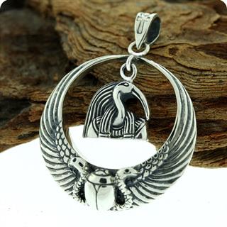 Egyptian Sterling Silver Royal Wadjet W/ Scarab Surround Thoth Penndant