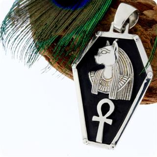 Egyptian Silver Jewelry God Bastet Ankh Shield Pendant