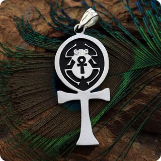 Egyptian Silver Jewelry Scarab of Ankh Symbol Pendant