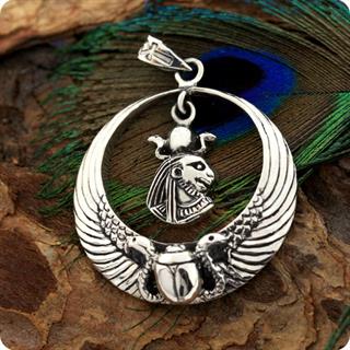 Egyptian Sterling Silver Royal Wadjet W/ Scarab Surround Lion Goddess Sekhmet Penndant